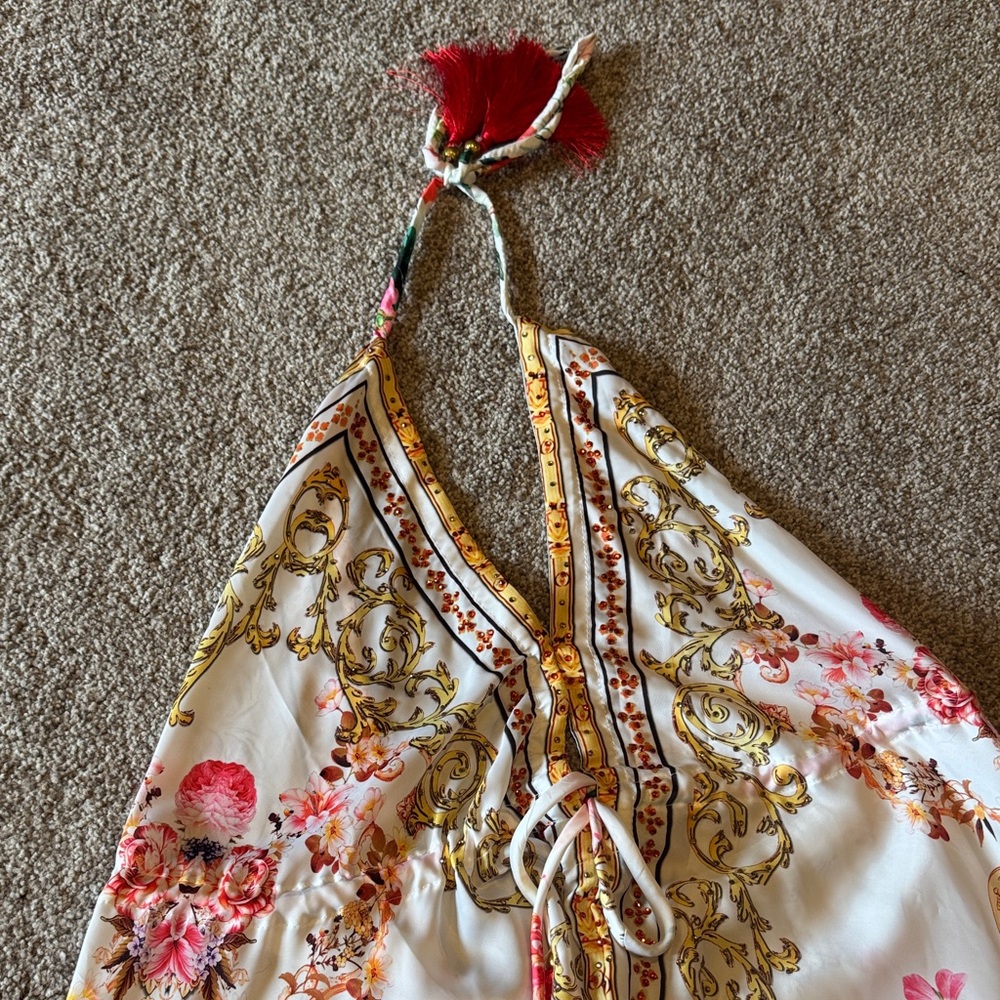 White Floral Halter Romper with Gold Baroque Print